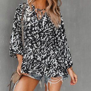 Black and White Tie Bell Long Sleeve Top